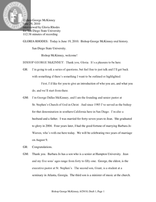 Interview with Bishop George McKinney, Transcript, 2010