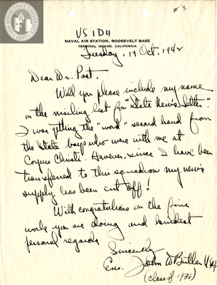 Letter from John W. Butler, 1942