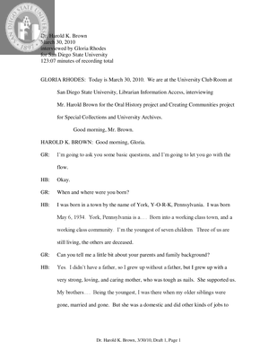 Interview with Harold Brown, Transcript, 2010