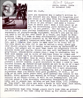 Letter from Albert Shaw, 1945