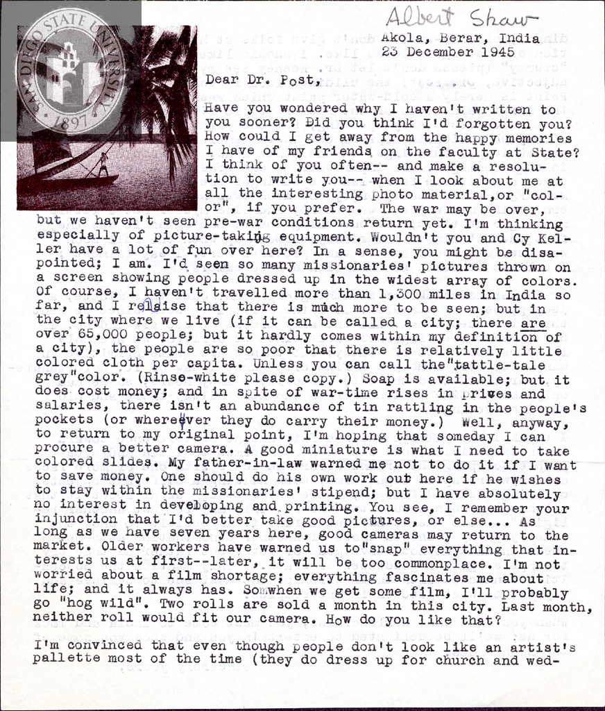 Letter from Albert Shaw, 1945