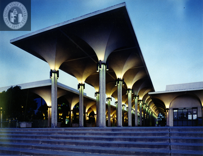 Completed Aztec Center, lit up, 1968