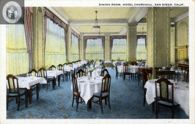 Dining room,  Hotel Churchill, San Diego