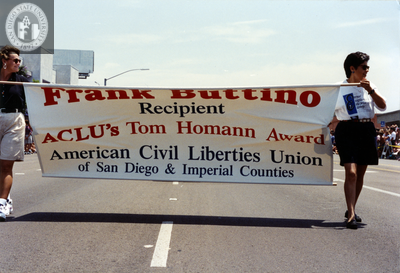 Parade banner honoring Frank Buttino at San Diego Pride, 1994