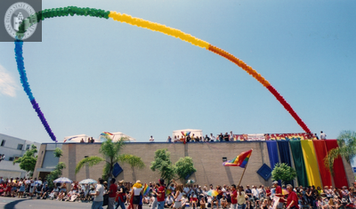 Rainbow balloon arch at Pride parade, 2001