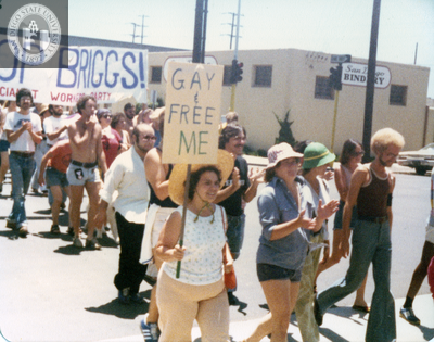 "Stop Briggs!" and "Gay & free me" signs at Pride parade, 1978