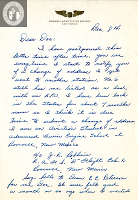 Letter from Joseph K Robbins, 1942