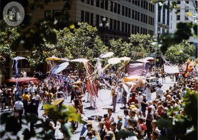 Umbrellas with streamers in San Francisco Pride Parade, 1982