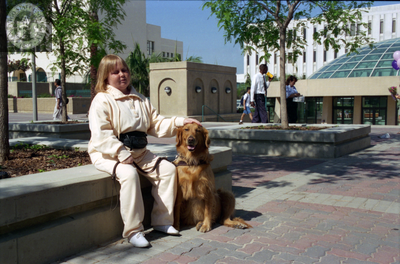 Visually impaired student with guide dog, 1996