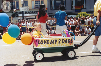 "I Love My 2 Dads" wagon at Pride parade, 1999