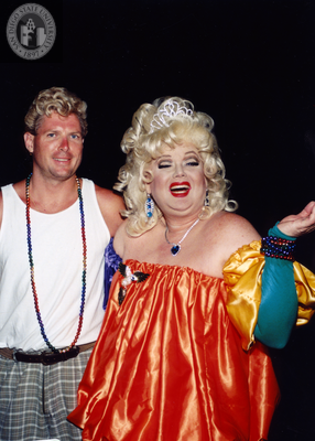 Person with performer backstage at Pride Festival, 1998