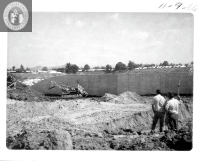 Construction of retaining wall, Aztec Center, 1966