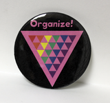 "Organize!" with pink and rainbow triangles
