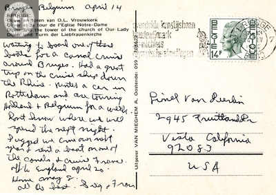 Message and postage side of postcard to Lionel Van Deerlin, 1982