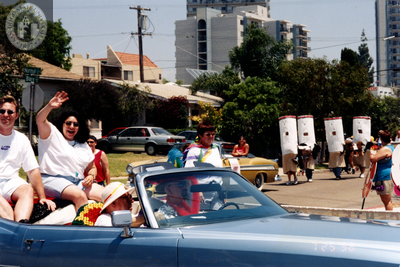 Center volunteers in car in Pride parade, 1998