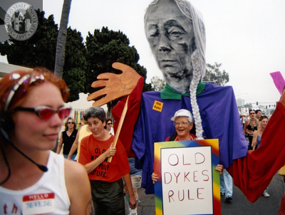 "Old Dykes Rule" sign at Pride parade, 2001
