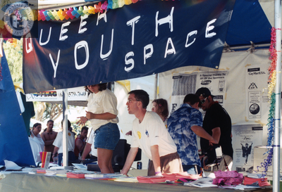 Queer Youth Space booth at Youth Stage and Open Mic, 1999