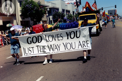 "God Loves You Just the Way You Are" banner at Pride parade, 1999