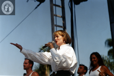 Performer on stage at Pride parade, 1996