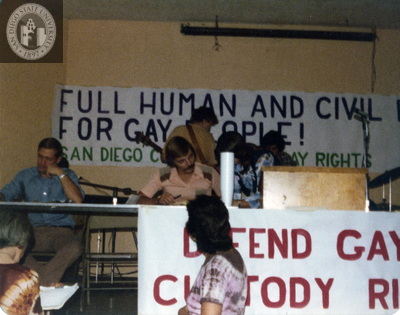 Panel of speakers at Civic Center demonstration, 1977