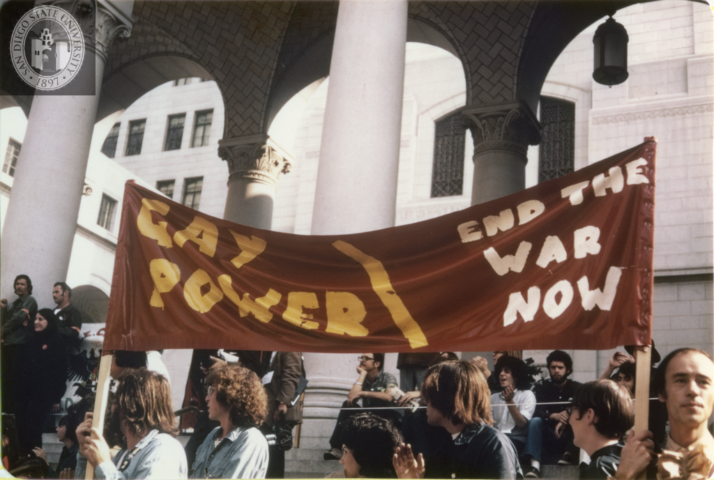 "Gay Power\End the War Now" banner at Los Angeles antiwar protest, 1971