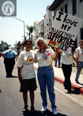 "I love my 'abnormal' supportive family" sign at Pride Parade, 1996