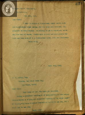 Letter from E. S. Babcock to Manager, Pastry Cook