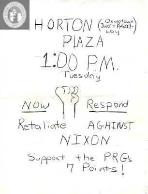 Flyer for rally at Horton Plaza to "retaliate against Nixon"
