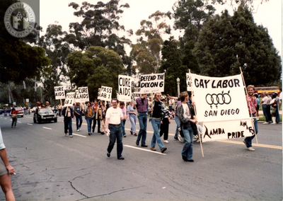 "Gay labor San Diego" banner at Pride parade, 1991