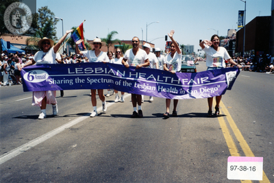 6th Annual Lesbian Health Fair banner at Pride parade, 1997