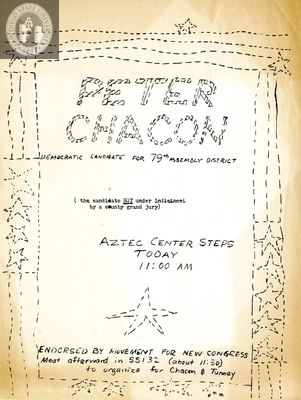 Flyer for talk by Peter Chacon, candidate for California Assembly, 1969