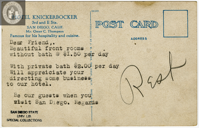 Back of postcard showing Hotel Knickerbocker