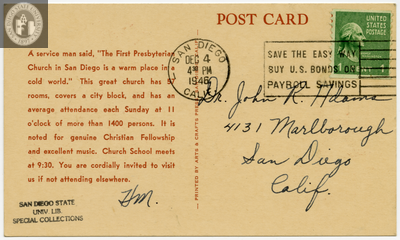 Back of postcard of First Presbyterian Church