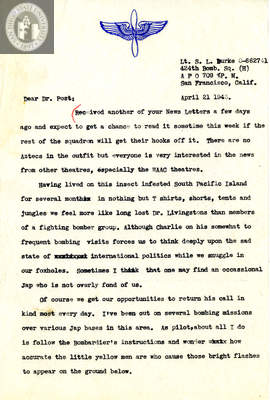 Letter from S. Lawrence Burke, 1943