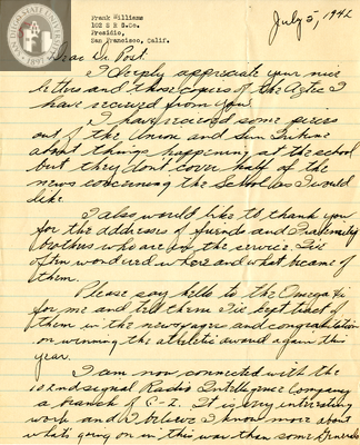 Letter from Frank Williams, 1942