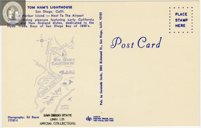 Back of Tom Ham's Lighthouse postcard