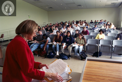Instructor and class in lecture hall, 1996