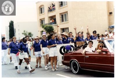 San Diego Women's Chorus walking behind convertible in Pride parade, 1997