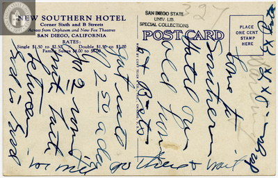 Back of postcard, New Southern Hotel, San Diego