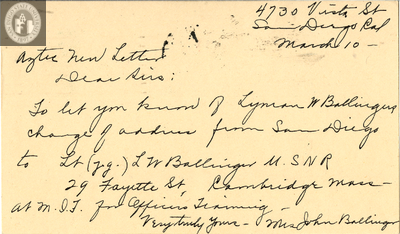 Letter from Mrs. John Ballinger, 1943