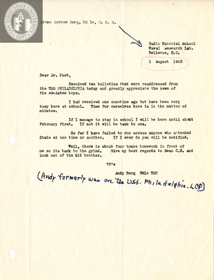Letter from Andrew A. Berg, 1942