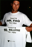 Man with T-shirts with gendered slurs, 1996