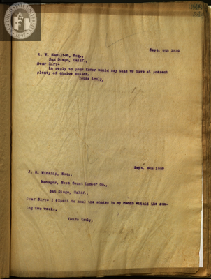 Letter from E. S. Babcock to R. W. Hamilton, Esq.