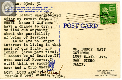 Postcard back, Ford Bowl and U. S. Naval Hospital