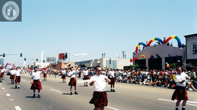 Marchers wearing kilts at Pride parade, 1998