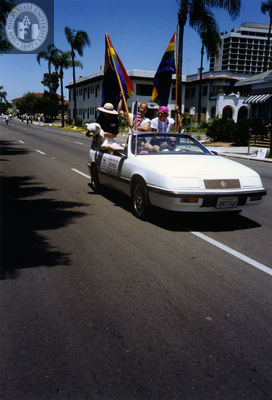 Lesbian and Gay Archives of San Diego parade car with rainbow flags, 1992