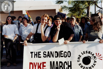 The Lesbian Avengers banner at San Diego Dyke March, 1996