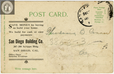 Back of card with "a California Bungalow" on front