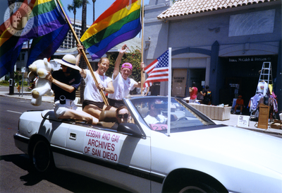 Lesbian and Gay Archives of San Diego parade car with rainbow flags, 1992