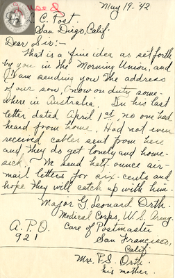 Letter from Mrs. P.S. Orth, 1942